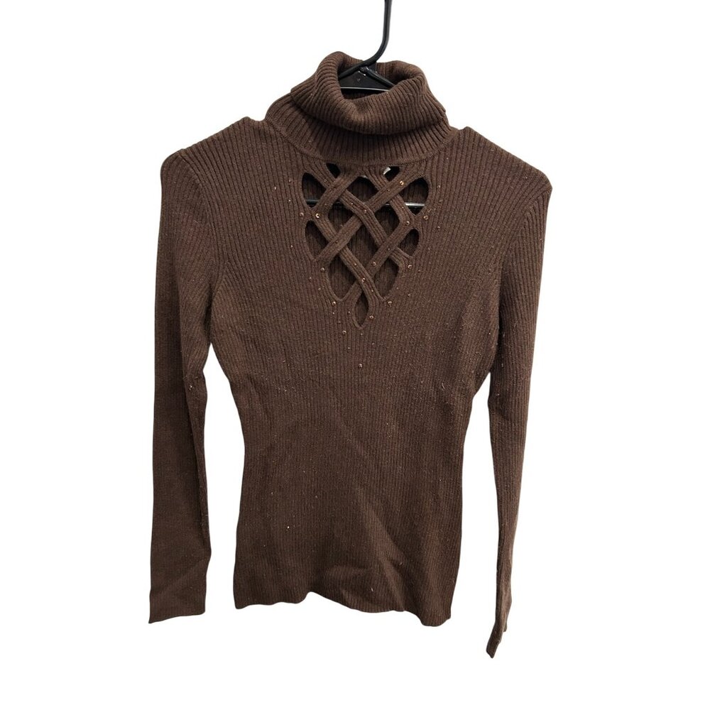 Cache Embellished Turtleneck Pullover Sweater Bro… - image 1